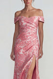 Blush Jacquard Sheath Off the Shoulder Ruched Long Prom Dress with Slit