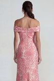 Blush Jacquard Sheath Off the Shoulder Ruched Long Prom Dress with Slit