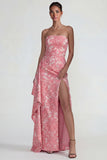Strapless Jacquard Blush Sheath Ruffled Long Prom Dress with Slit