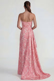 Strapless Jacquard Blush Sheath Ruffled Long Prom Dress with Slit
