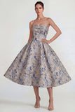 Grey Blue Strapless A Line Jacquard Satin Midi Dress
