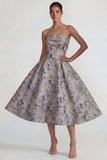 Grey Blue Strapless A Line Jacquard Satin Midi Dress
