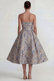 Grey Blue Strapless A Line Jacquard Satin Midi Dress