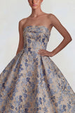 Grey Blue Strapless A Line Jacquard Satin Midi Dress