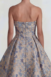 Grey Blue Strapless A Line Jacquard Satin Midi Dress