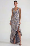 Grey Blue Mermaid Ruffled V Neck Jacquard Long Evening Dress with Slit