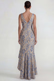 Grey Blue Mermaid Ruffled V Neck Jacquard Long Evening Dress with Slit