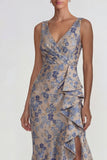 Grey Blue Mermaid Ruffled V Neck Jacquard Long Evening Dress with Slit