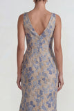 Grey Blue Mermaid Ruffled V Neck Jacquard Long Evening Dress with Slit