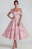 Off the Shoulder Pink Jacquard Corset A Line Midi Dress