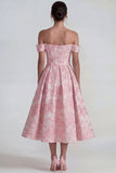 Off the Shoulder Pink Jacquard Corset A Line Midi Dress