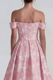 Off the Shoulder Pink Jacquard Corset A Line Midi Dress