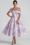 Off the Shoulder Lilac Jacquard A Line Midi Dress