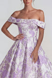 Off the Shoulder Lilac Jacquard A Line Midi Dress
