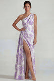 Lilac One Shoulder Jacquard Ruched Sheath Long Evening Dress with Slit