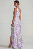 Lilac One Shoulder Jacquard Ruched Sheath Long Evening Dress with Slit