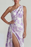 Lilac One Shoulder Jacquard Ruched Sheath Long Evening Dress with Slit