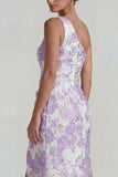 Lilac One Shoulder Jacquard Ruched Sheath Long Evening Dress with Slit