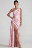 Lilac One Shoulder Jacquard Ruched Sheath Long Evening Dress with Slit