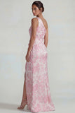 Lilac One Shoulder Jacquard Ruched Sheath Long Evening Dress with Slit