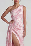 Lilac One Shoulder Jacquard Ruched Sheath Long Evening Dress with Slit