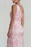 Lilac One Shoulder Jacquard Ruched Sheath Long Evening Dress with Slit
