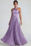 Lilac A Line Pleated Halter Satin Long Evening Dress