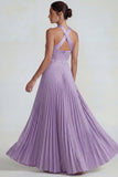 Lilac A Line Pleated Halter Satin Long Evening Dress