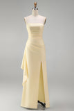 Light Yellow Strapless Sheath Ruffled Satin Long Prom Dress with Slit