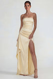 Light Yellow Strapless Sheath Ruffled Satin Long Prom Dress with Slit