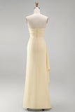 Light Yellow Strapless Sheath Ruffled Satin Long Prom Dress with Slit