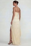 Light Yellow Strapless Sheath Ruffled Satin Long Prom Dress with Slit