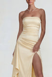 Light Yellow Strapless Sheath Ruffled Satin Long Prom Dress with Slit