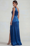 One Shoulder Dark Blue Satin Ruched Sheath Long Evening Dress with Slit