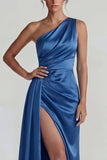 One Shoulder Dark Blue Satin Ruched Sheath Long Evening Dress with Slit