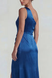 One Shoulder Dark Blue Satin Ruched Sheath Long Evening Dress with Slit