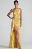 One Shoulder Yellow Sheath Ruched Satin Long Evening Dress with Ruffle Slit