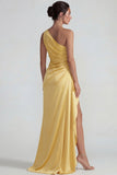 One Shoulder Yellow Sheath Ruched Satin Long Evening Dress with Ruffle Slit