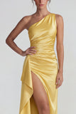 One Shoulder Yellow Sheath Ruched Satin Long Evening Dress with Ruffle Slit