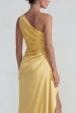 One Shoulder Yellow Sheath Ruched Satin Long Evening Dress with Ruffle Slit
