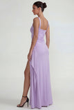 Lilac Sheath Satin Square Neck Long Evening Dress with Slit