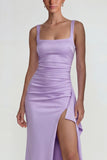 Lilac Sheath Satin Square Neck Long Evening Dress with Slit