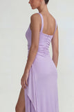 Lilac Sheath Satin Square Neck Long Evening Dress with Slit