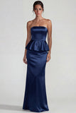 Navy Strapless Ruffled Satin Sheath Long Evening Dress