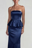 Navy Strapless Ruffled Satin Sheath Long Evening Dress