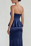 Navy Strapless Ruffled Satin Sheath Long Evening Dress