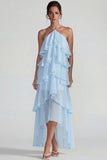 Blue Ruffled Chiffon Halter Tiered A Line Midi Dress
