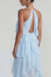 Blue Ruffled Chiffon Halter Tiered A Line Midi Dress