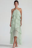 Blue Ruffled Chiffon Halter Tiered A Line Midi Dress