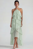 Blue Ruffled Chiffon Halter Tiered A Line Midi Dress